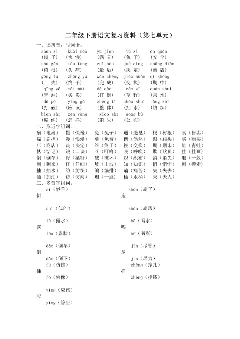 二年级语文下册第七单元复习资料-马可蜜蜜题库网