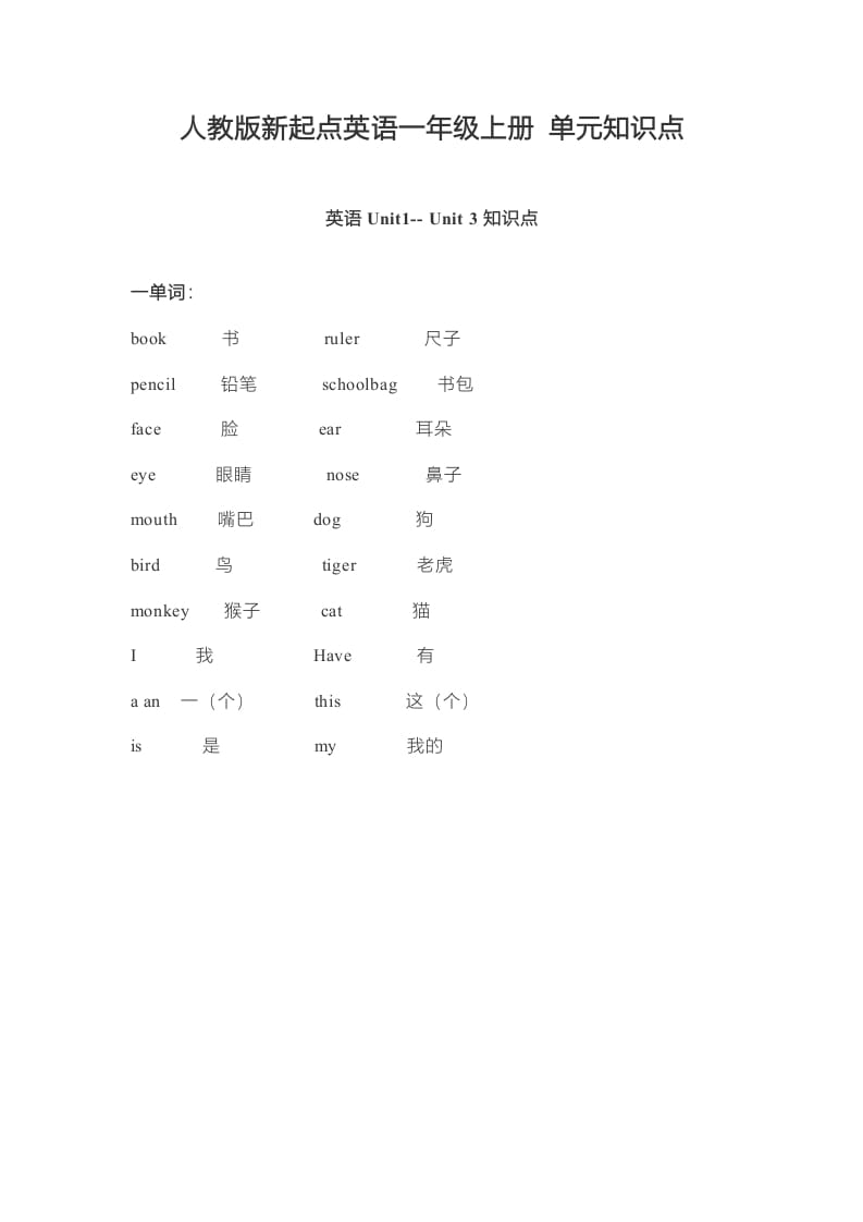 一年级英语上册单元知识点（人教一起点）-马可蜜蜜题库网
