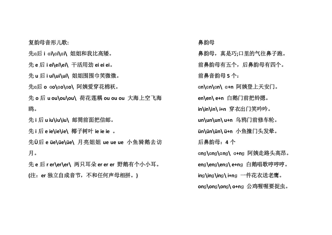 一年级语文上册复韵母音形儿歌（部编版）-马可蜜蜜题库网