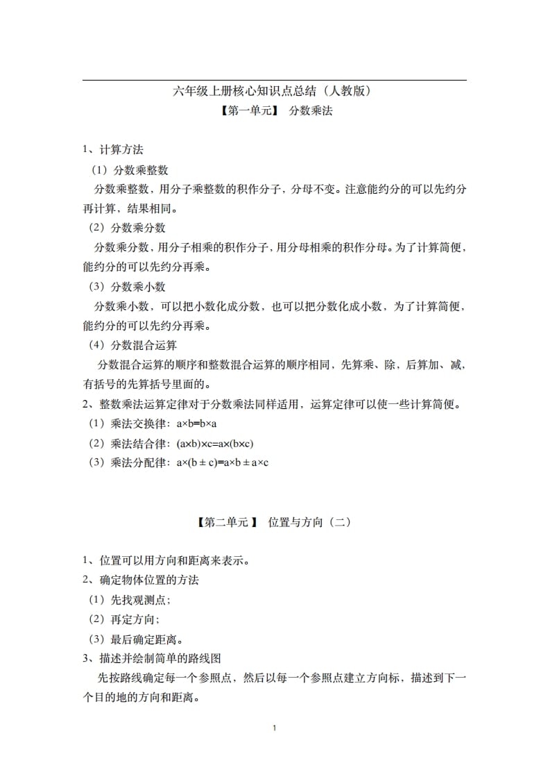 六年级数学上册素材-核心知识点总结人教新课标（人教版）-马可蜜蜜题库网