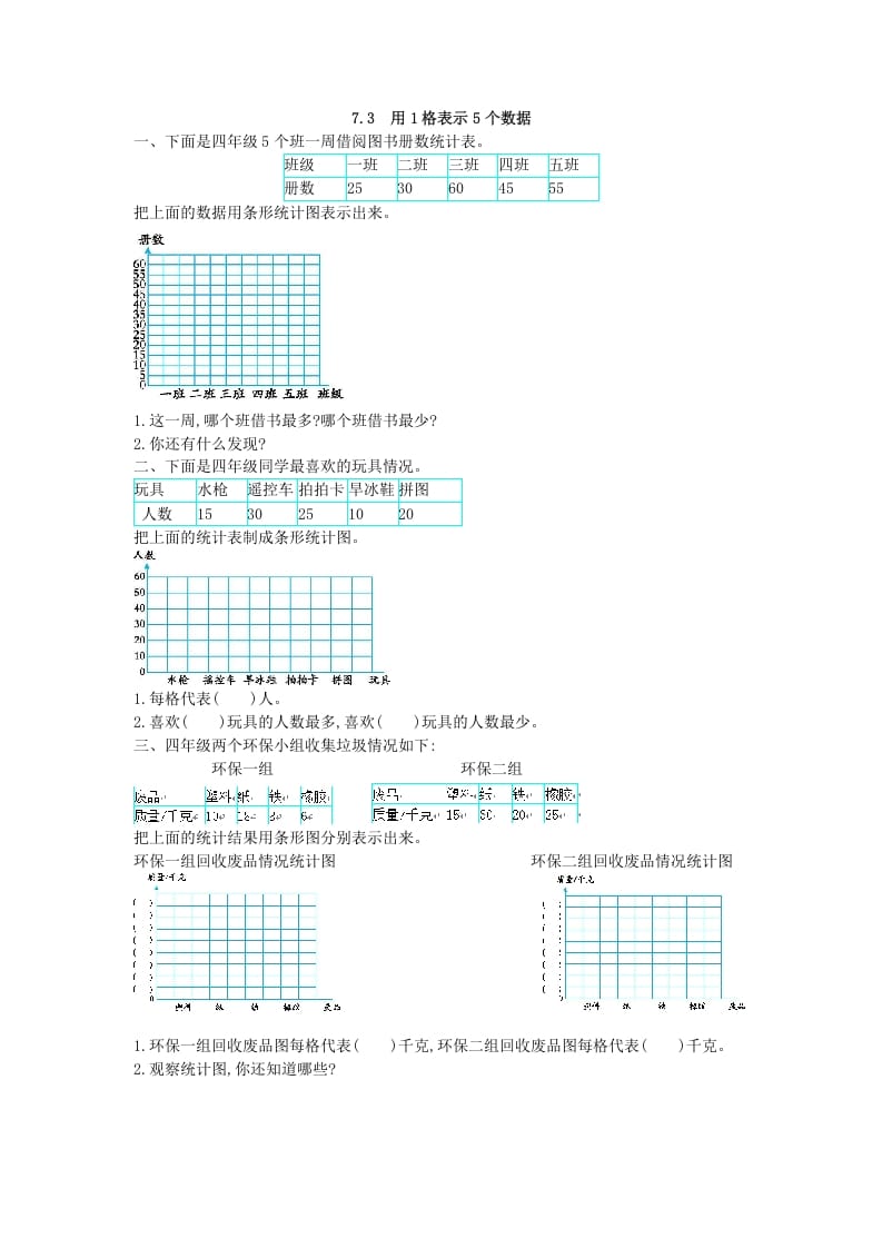 四年级数学上册7.3用1格表示5个数据（人教版）-马可蜜蜜题库网