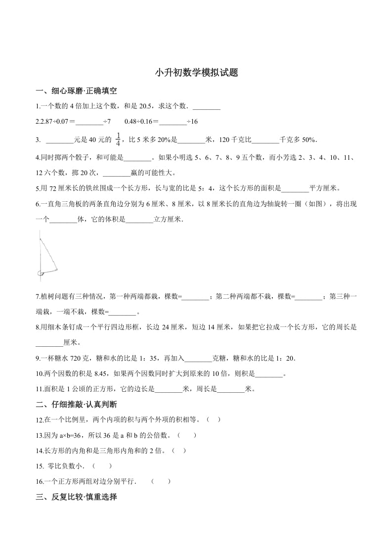 六年级数学下册小升初模拟试题（19）苏教版（含解析）-马可蜜蜜题库网