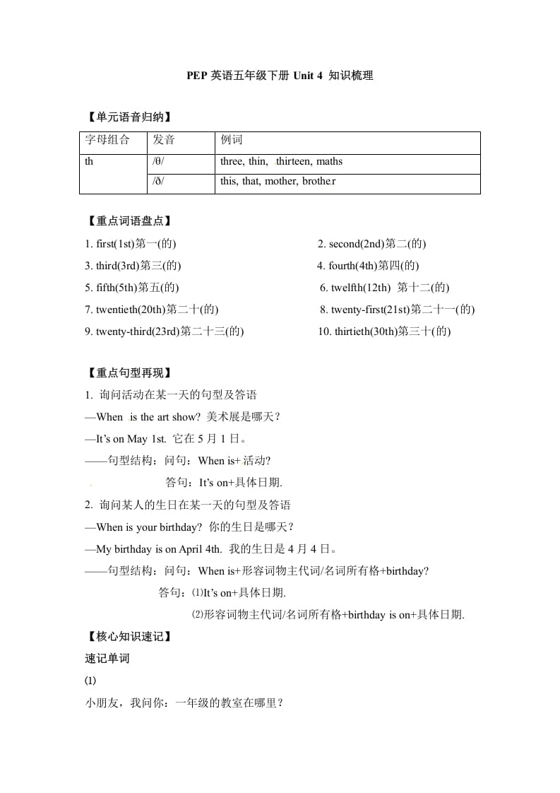 五年级数学下册英语单元知识梳理-Unit4Whenistheartshow人教PEP-马可蜜蜜题库网