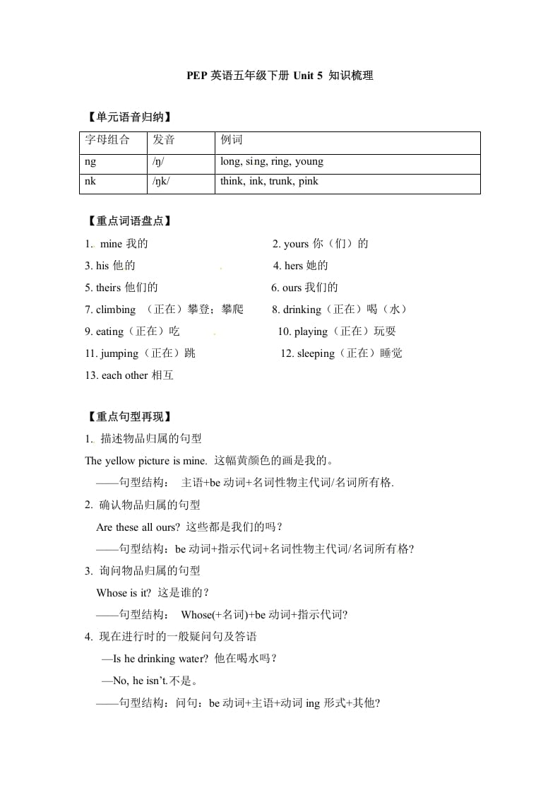 五年级数学下册英语单元知识梳理-Unit5Whosedogisit人教PEP-马可蜜蜜题库网