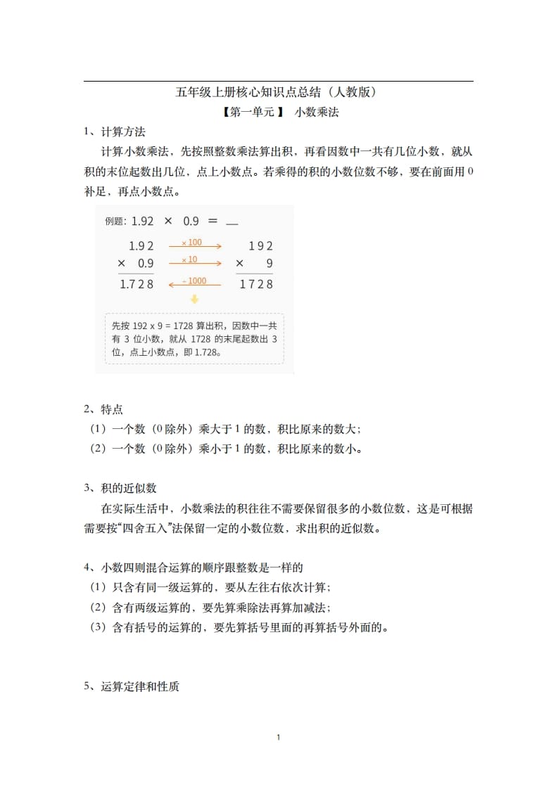 五年级数学上册-核心知识点总结（人教版）-马可蜜蜜题库网