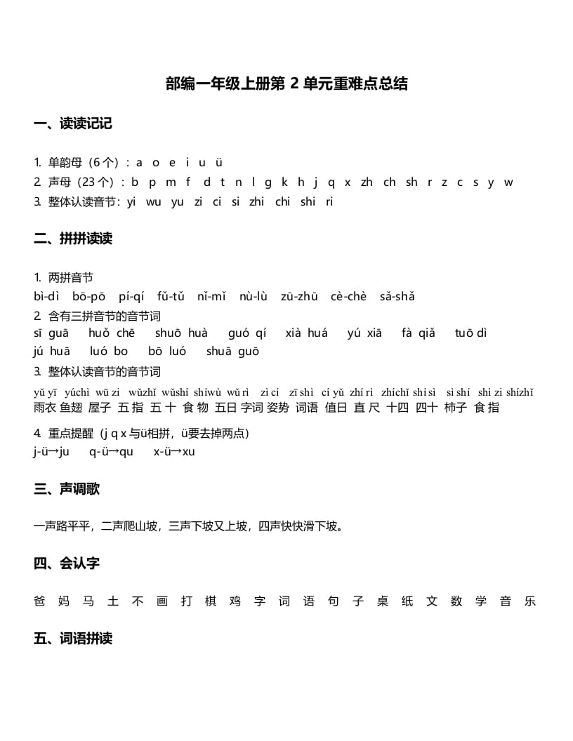 一年级语文上册-第2单元重难点知识总结（部编版）-马可蜜蜜题库网