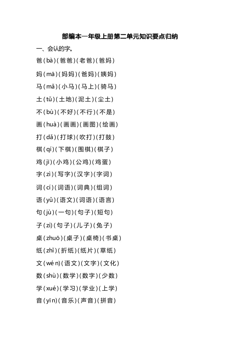 一年级语文上册第二单元识要点归纳（部编版）-马可蜜蜜题库网