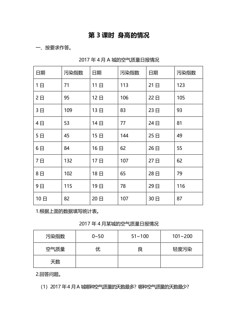六年级数学上册第3课时身高的情况（北师大版）-马可蜜蜜题库网