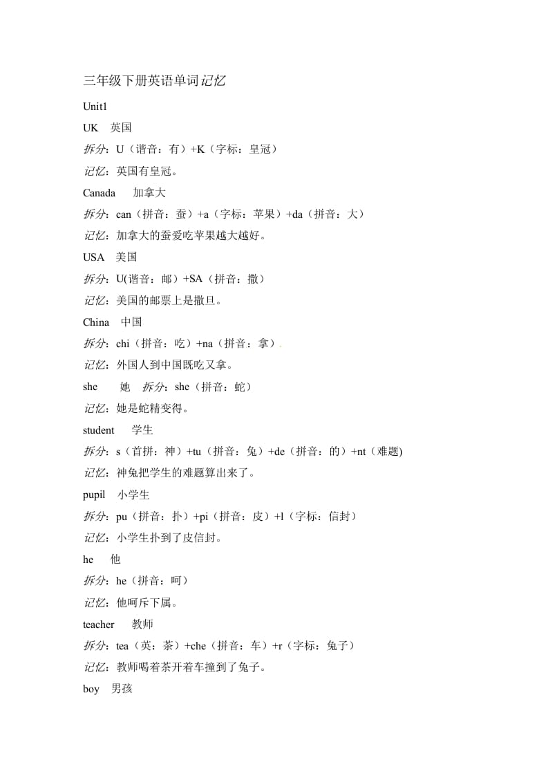 三年级英语下册素材-单词趣味记忆法｜人教（PEP）-马可蜜蜜题库网