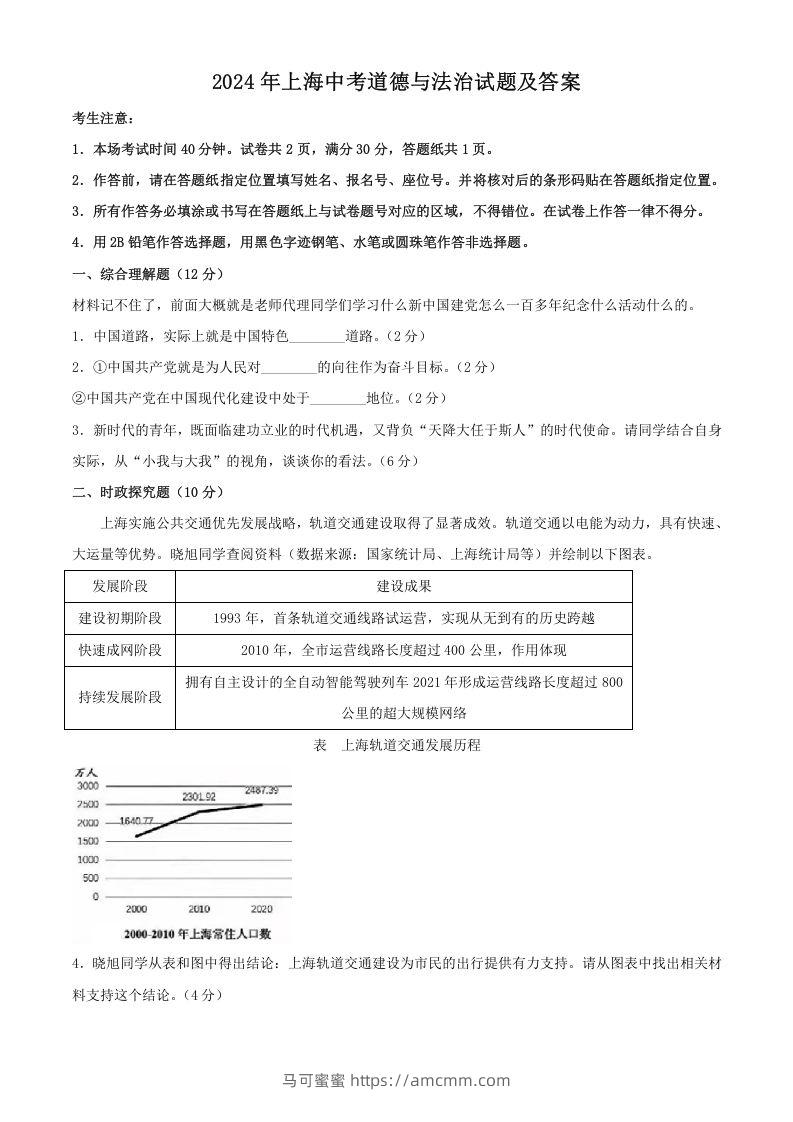 2024年上海中考道德与法治试题及答案(Word版)-马可蜜蜜题库网