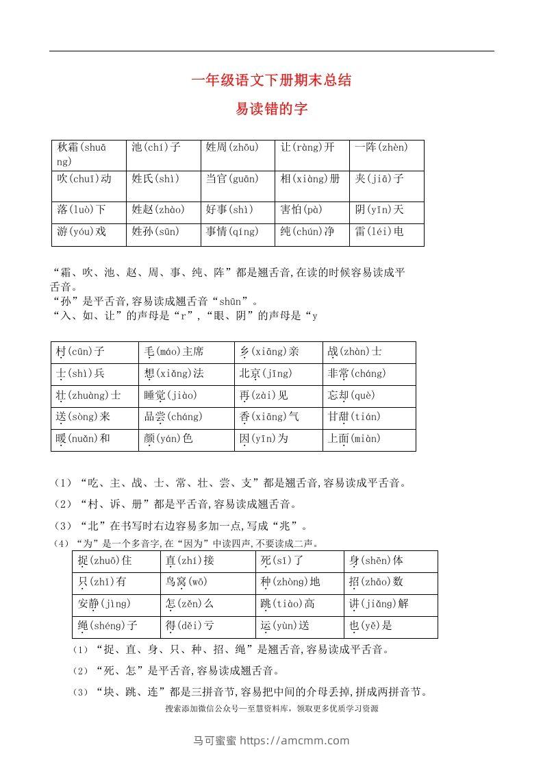 一年级语文下册期末总结—易读（写）错的字-马可蜜蜜题库网