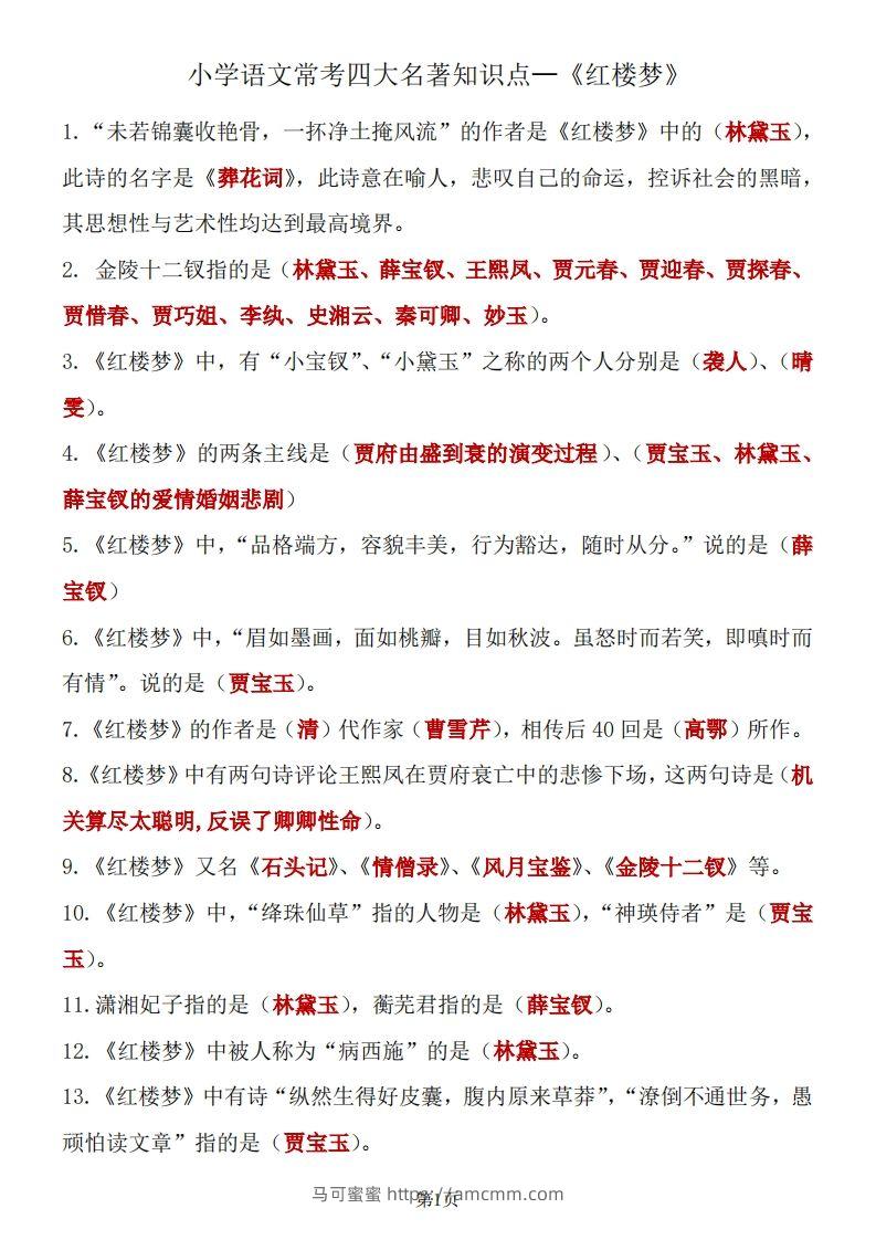 四大名著知识点汇总之《红楼梦》-马可蜜蜜题库网