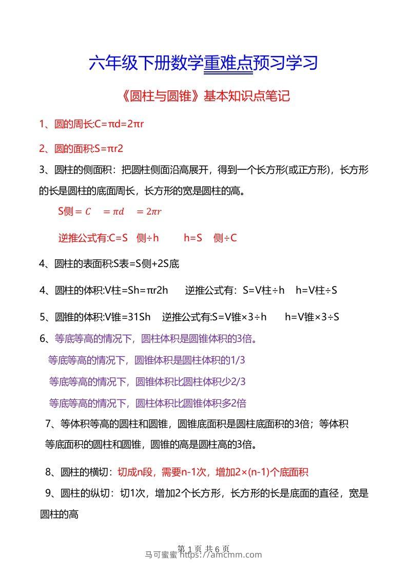 六年级下册数学重难点《圆柱与圆锥》-马可蜜蜜题库网