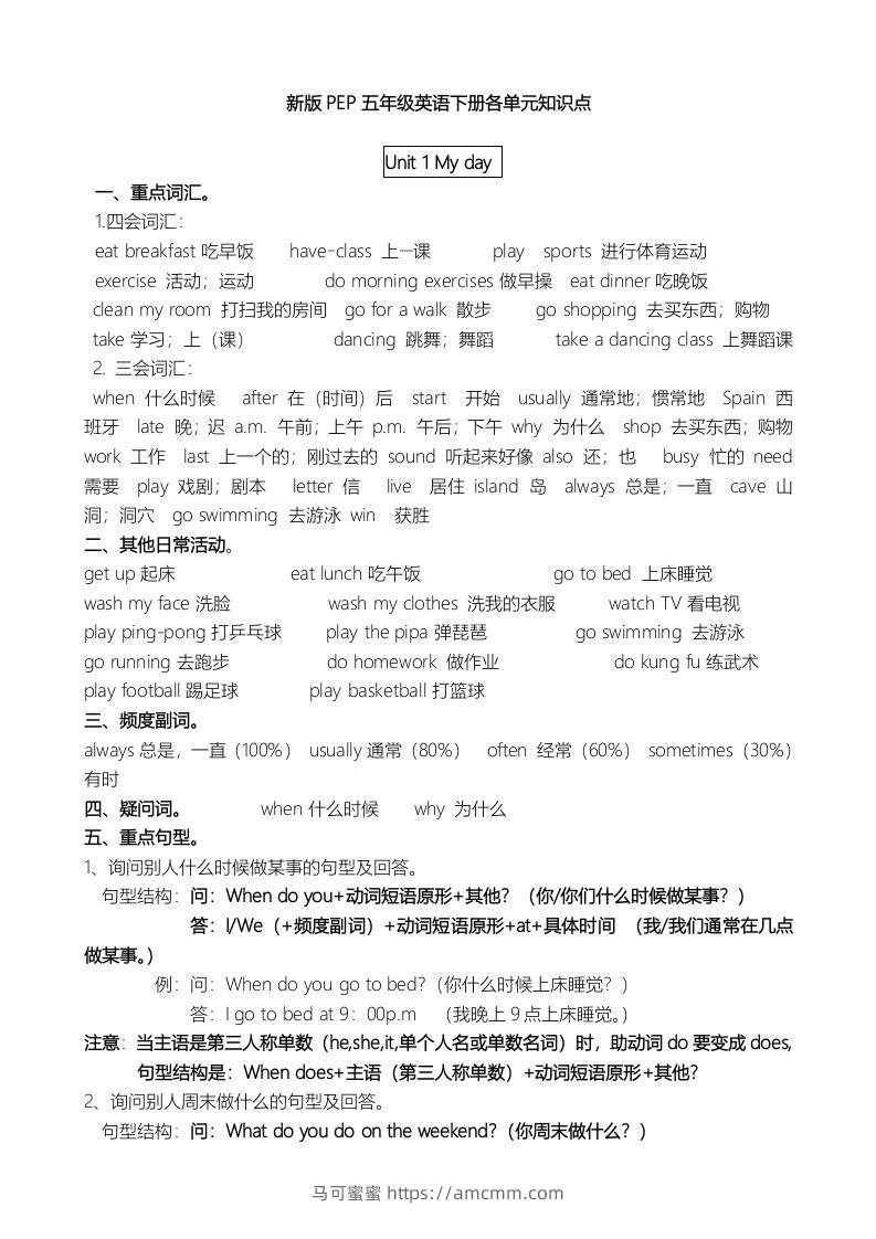 五年级英语下册单元知识点（人教PEP版）-马可蜜蜜题库网