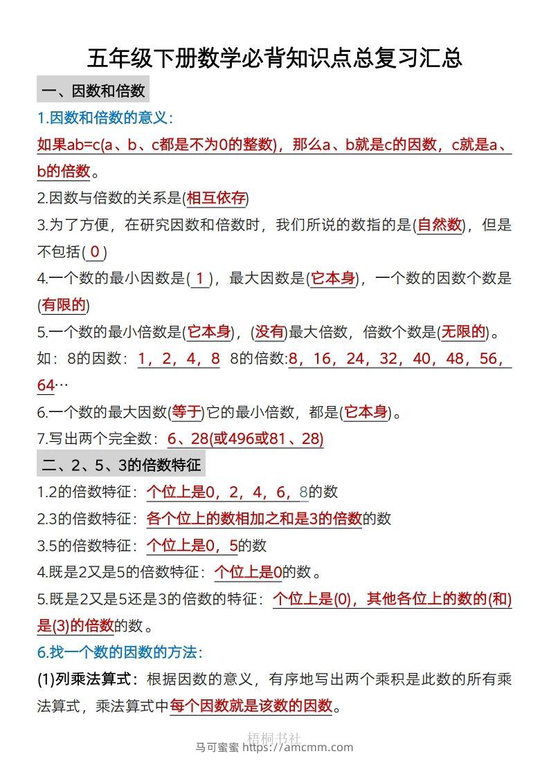 数学五年级下册必背知识点汇总-马可蜜蜜题库网