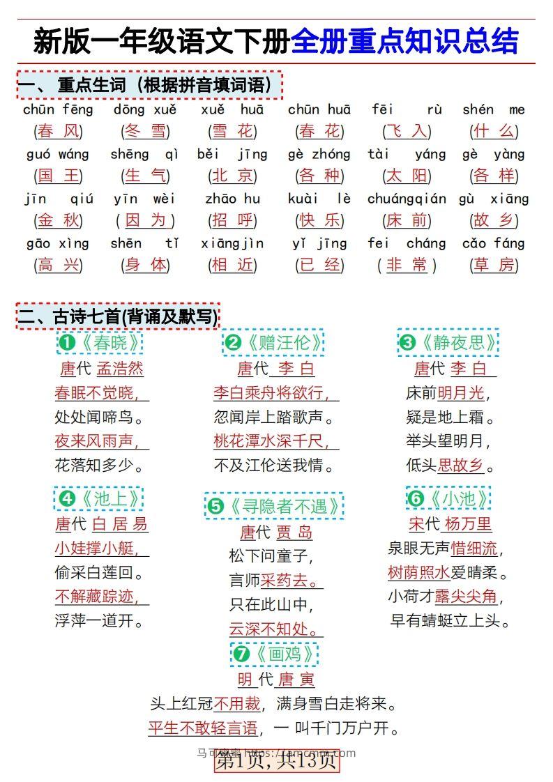 ★3.9新版一年级语文下册全册重点知识总结-马可蜜蜜题库网