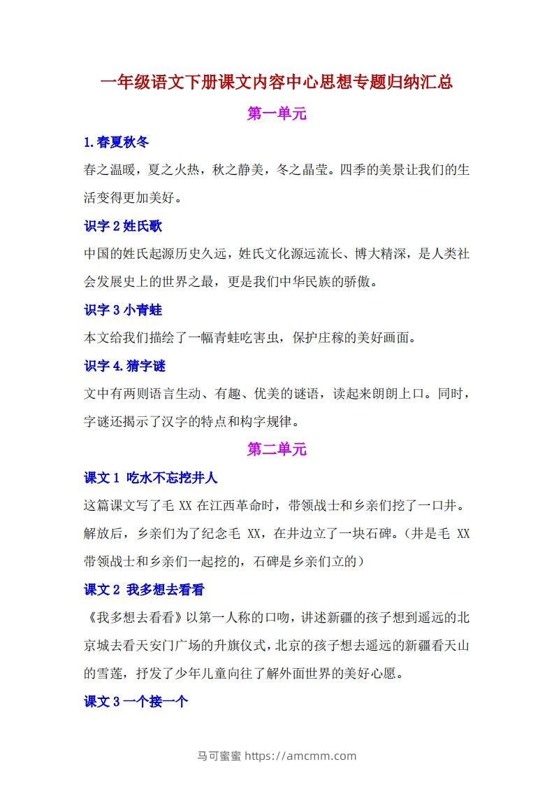 一年级语文下册课文内容中心思想专题归纳汇总-马可蜜蜜题库网