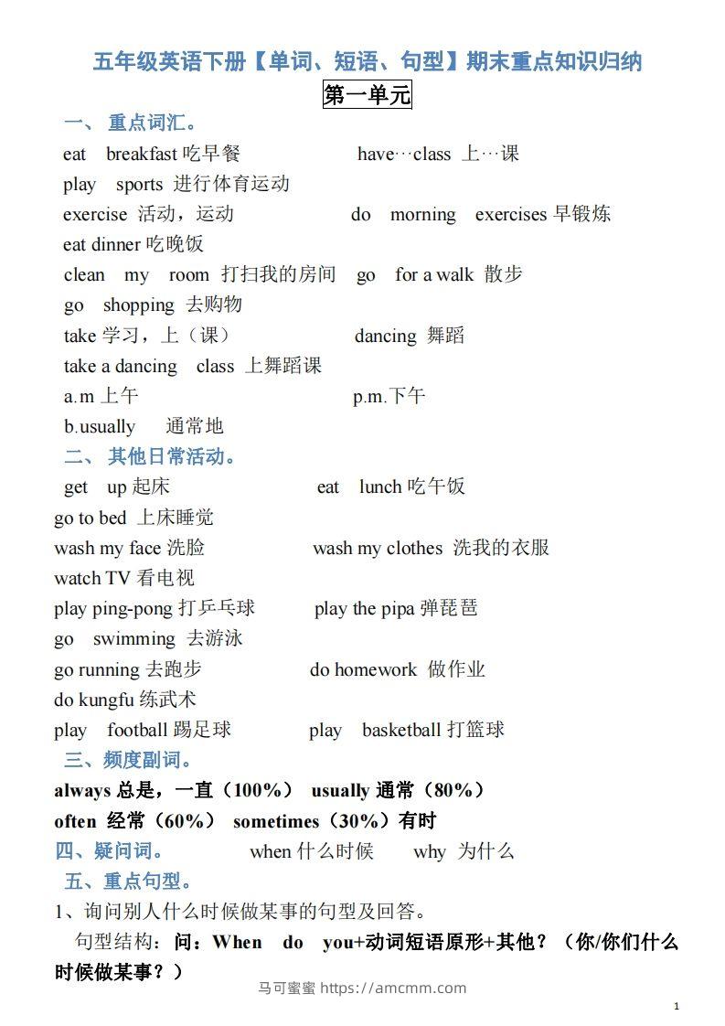 五年级英语下册素材-单词、短语、句型期末重点知识归纳（人教PEP版）-马可蜜蜜题库网