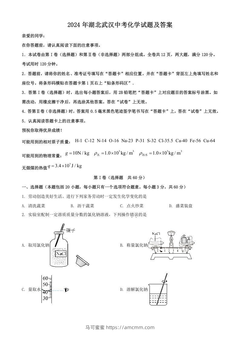 2024年湖北武汉中考化学试题及答案(Word版)-马可蜜蜜题库网