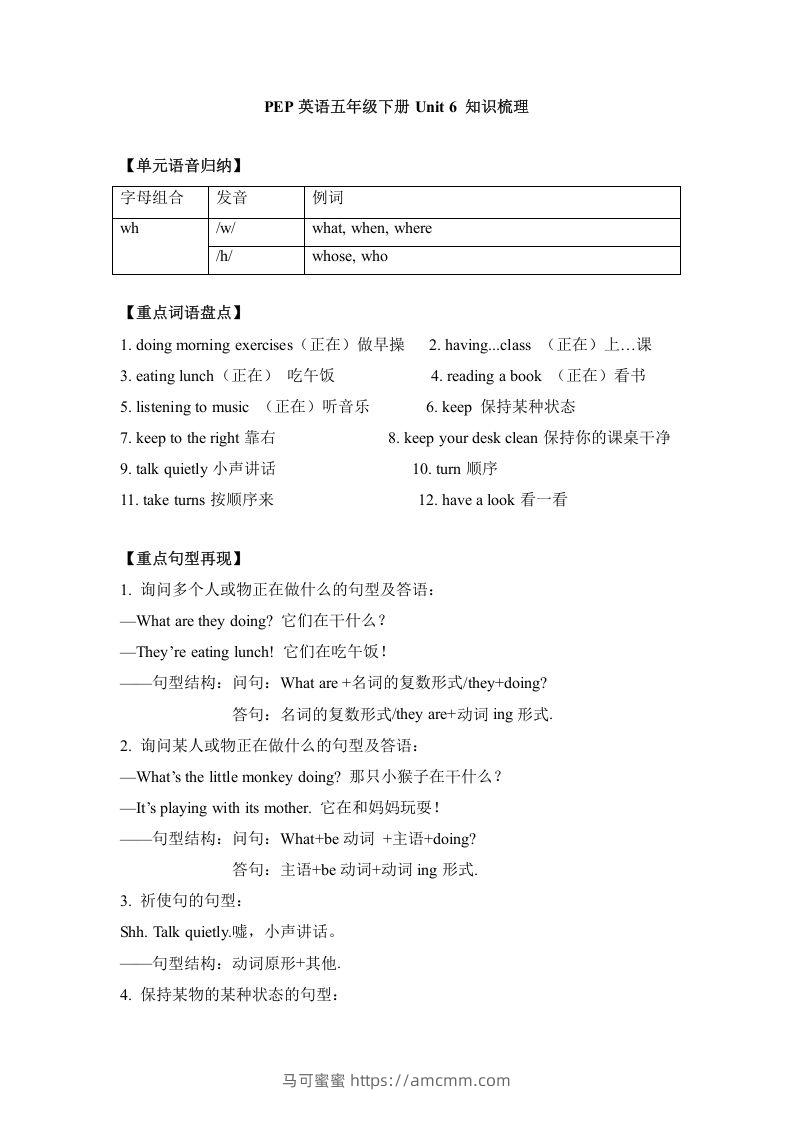 五年级英语下册单元知识梳理-Unit6Workquietly（人教PEP版）-马可蜜蜜题库网