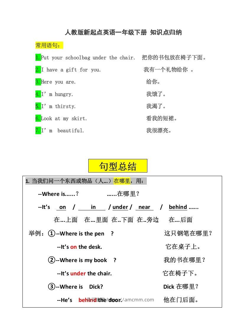 一年级英语下册一起点知识点汇总-马可蜜蜜题库网