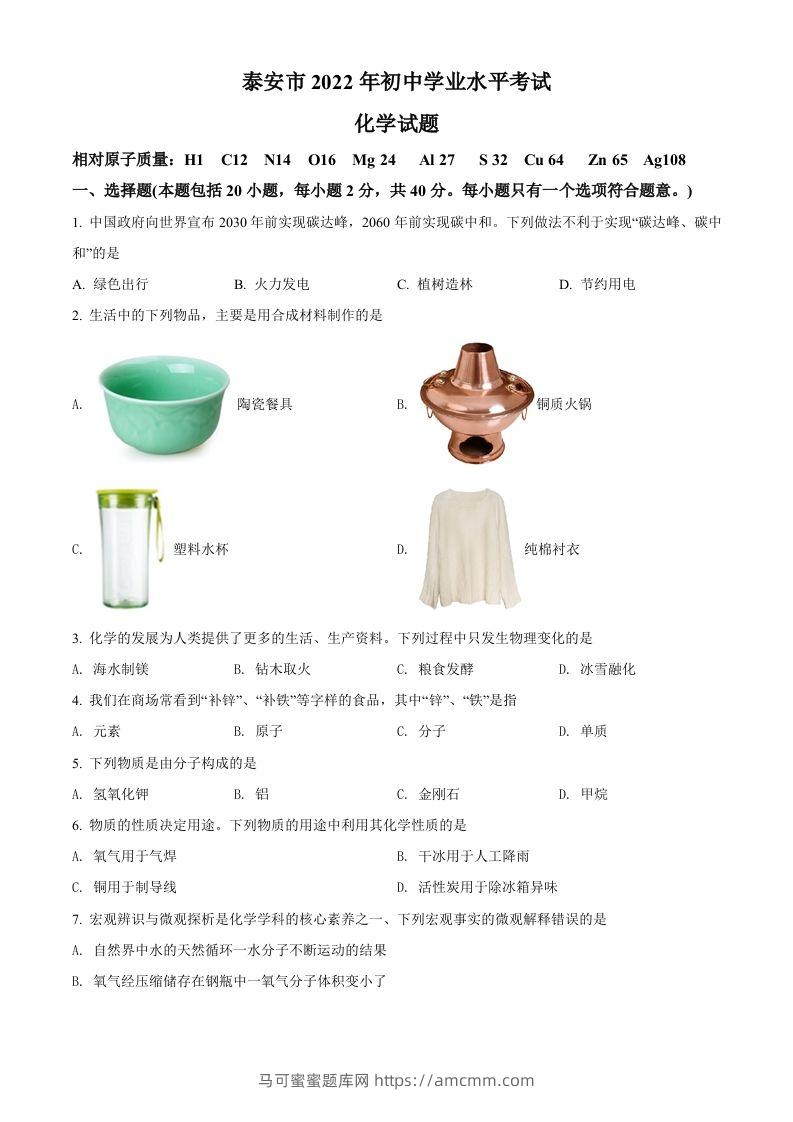 2022年山东省泰安市中考化学真题（空白卷）-马可蜜蜜题库网