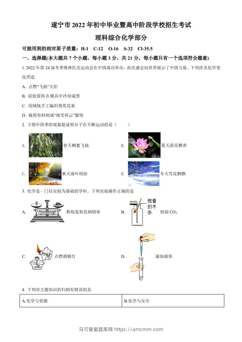 2022年四川省遂宁市中考化学真题（空白卷）-马可蜜蜜题库网
