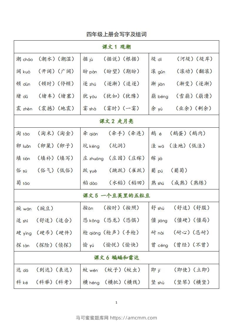 四（上）语文写字表生字组词-马可蜜蜜题库网