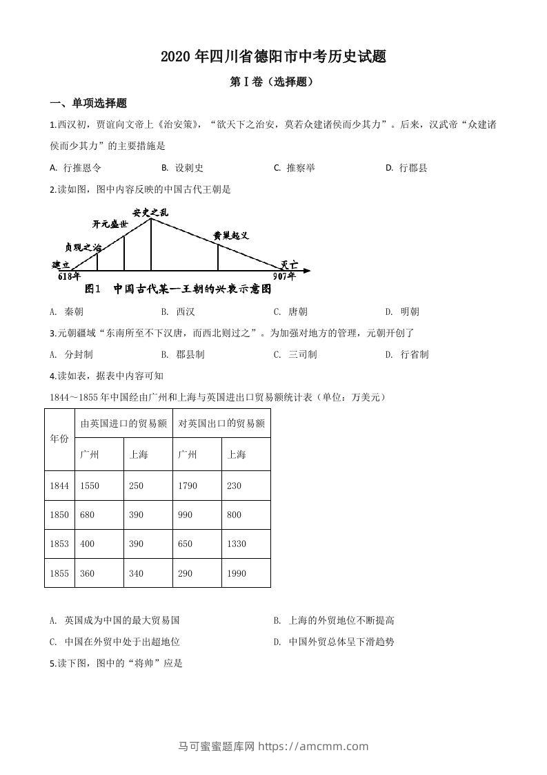 四川省德阳市2020年中考历史试题（空白卷）-马可蜜蜜题库网