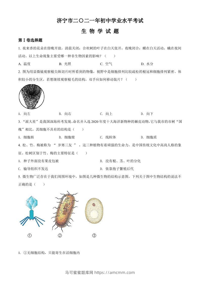 山东省济宁市2021年中考生物试题（空白卷）-马可蜜蜜题库网