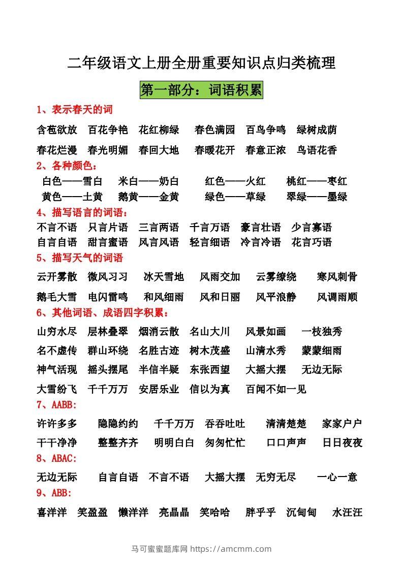 二年级语文上册全册重要知识点归类梳理11_Password_Removed-马可蜜蜜题库网