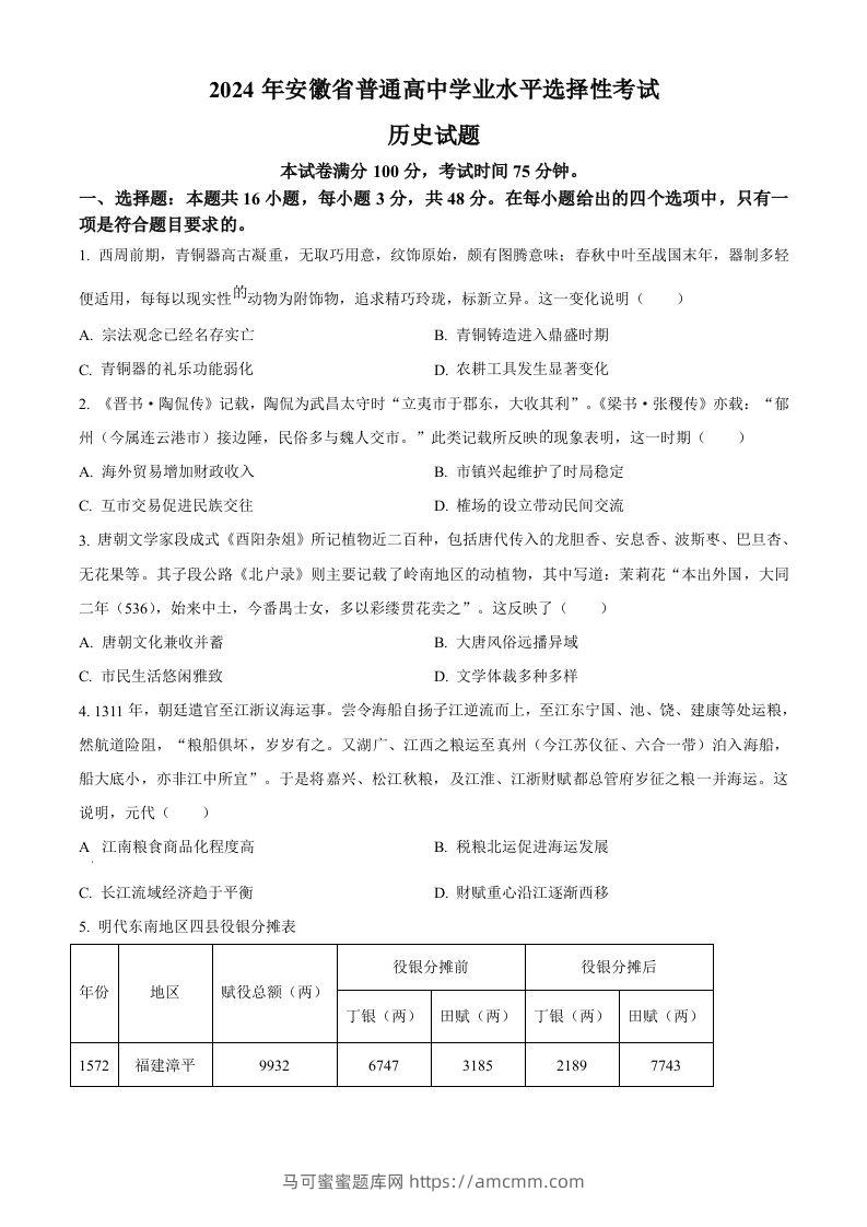 2024年高考历史试卷（安徽）（空白卷）-马可蜜蜜题库网