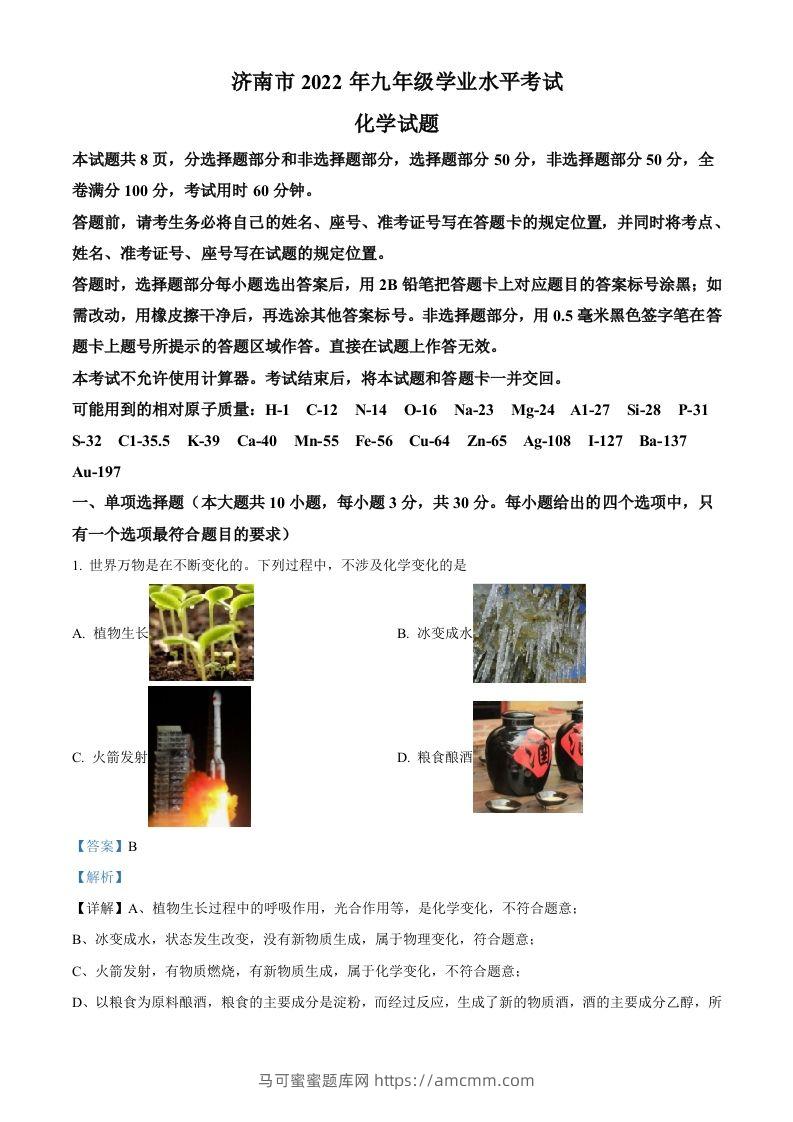 2022年山东省济南市中考化学真题（含答案）-马可蜜蜜题库网
