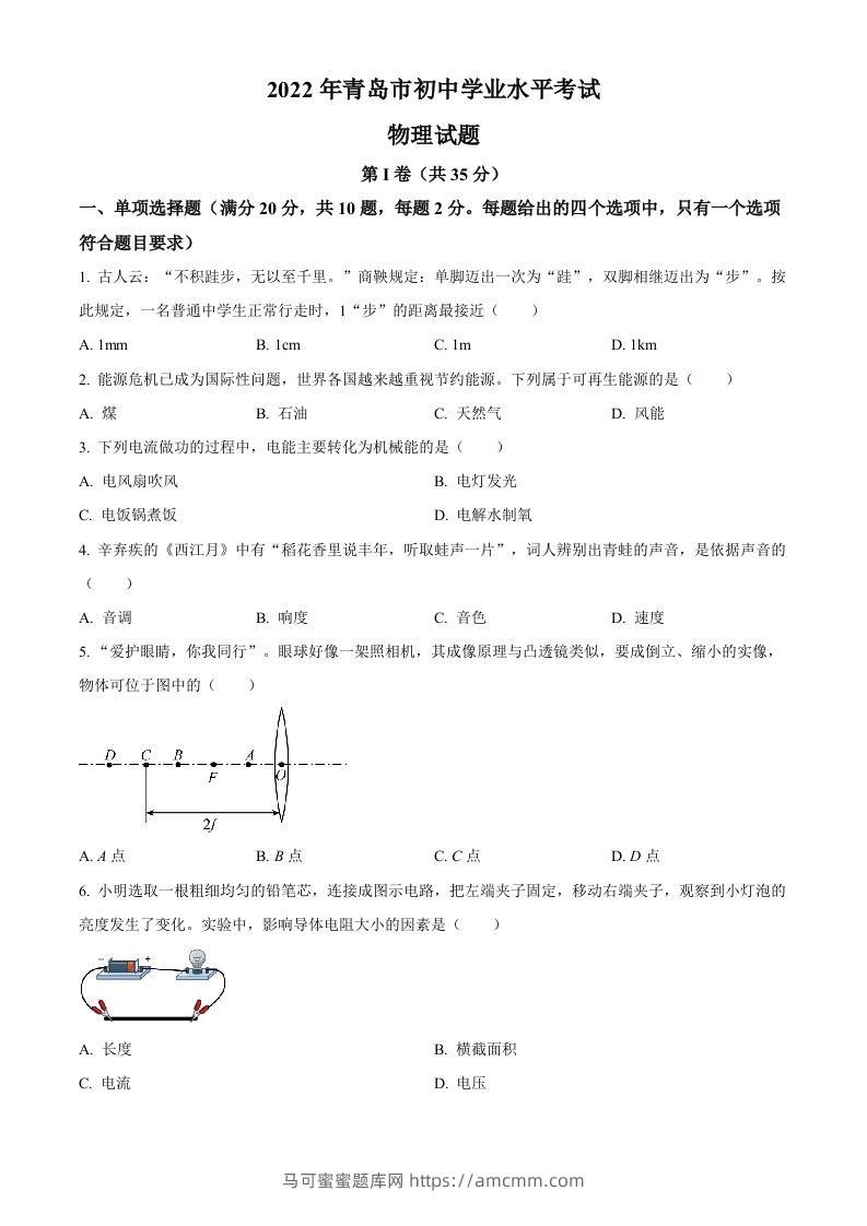 2022年山东省青岛市中考物理试题（空白卷）-马可蜜蜜题库网