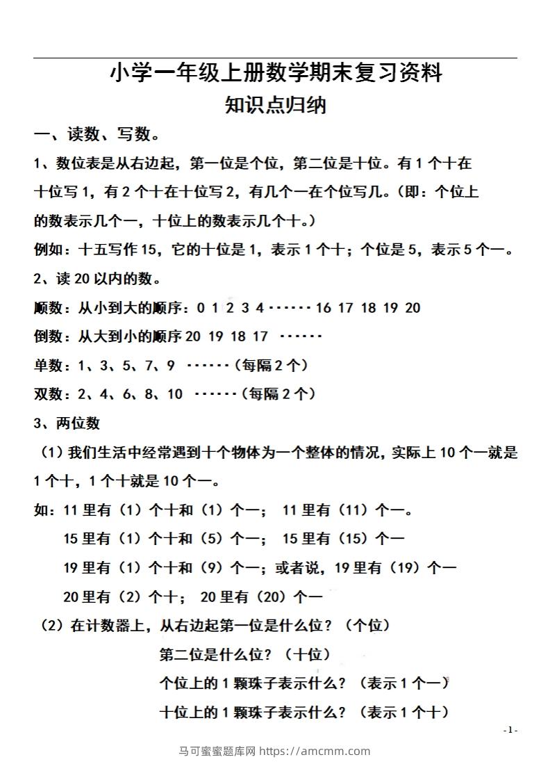 一上数学【期末：复习知识点和练习】-马可蜜蜜题库网