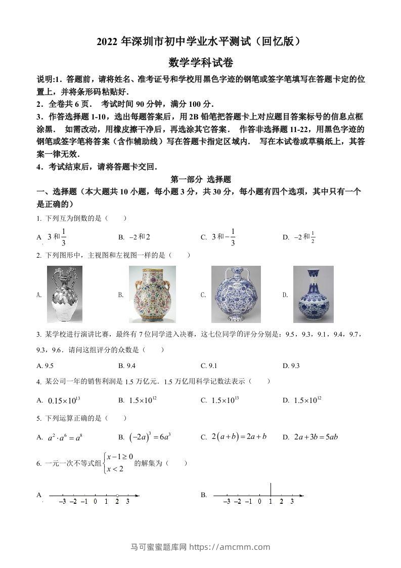 2022年广东省深圳市中考数学真题（空白卷）-马可蜜蜜题库网
