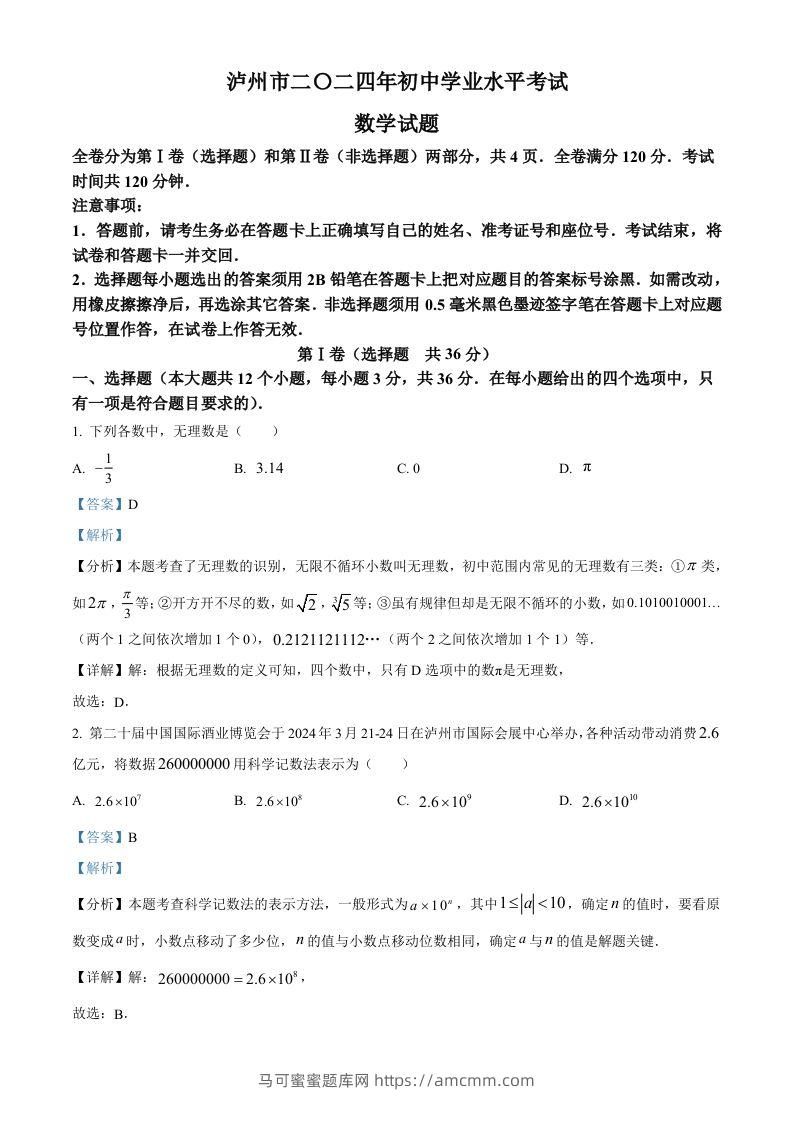 2024年四川省泸州市中考数学试题（含答案）-马可蜜蜜题库网
