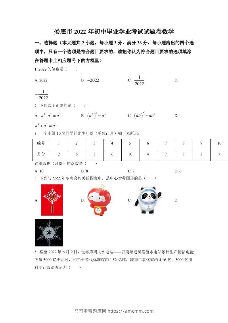 2022年湖南省娄底市中考数学真题（空白卷）-马可蜜蜜题库网