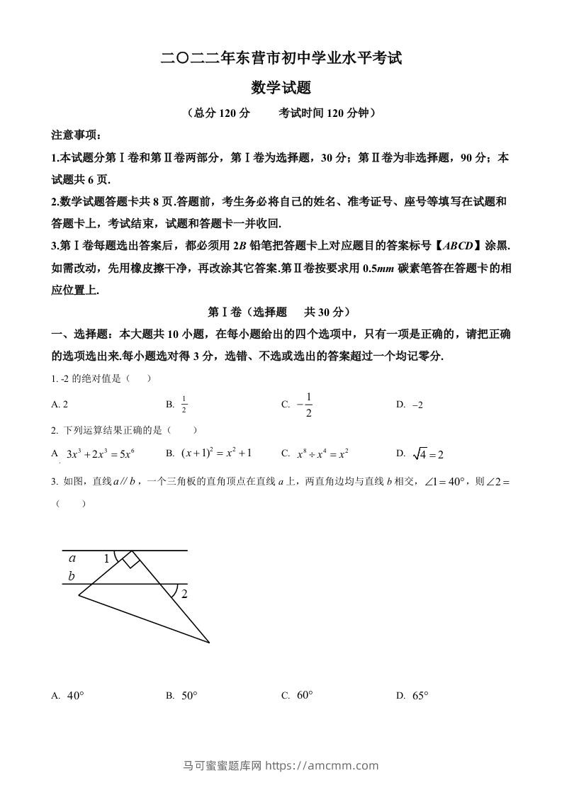 2022年山东省东营市中考数学真题（空白卷）-马可蜜蜜题库网