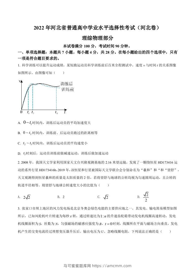 2022年高考物理试卷（河北）（空白卷）-马可蜜蜜题库网