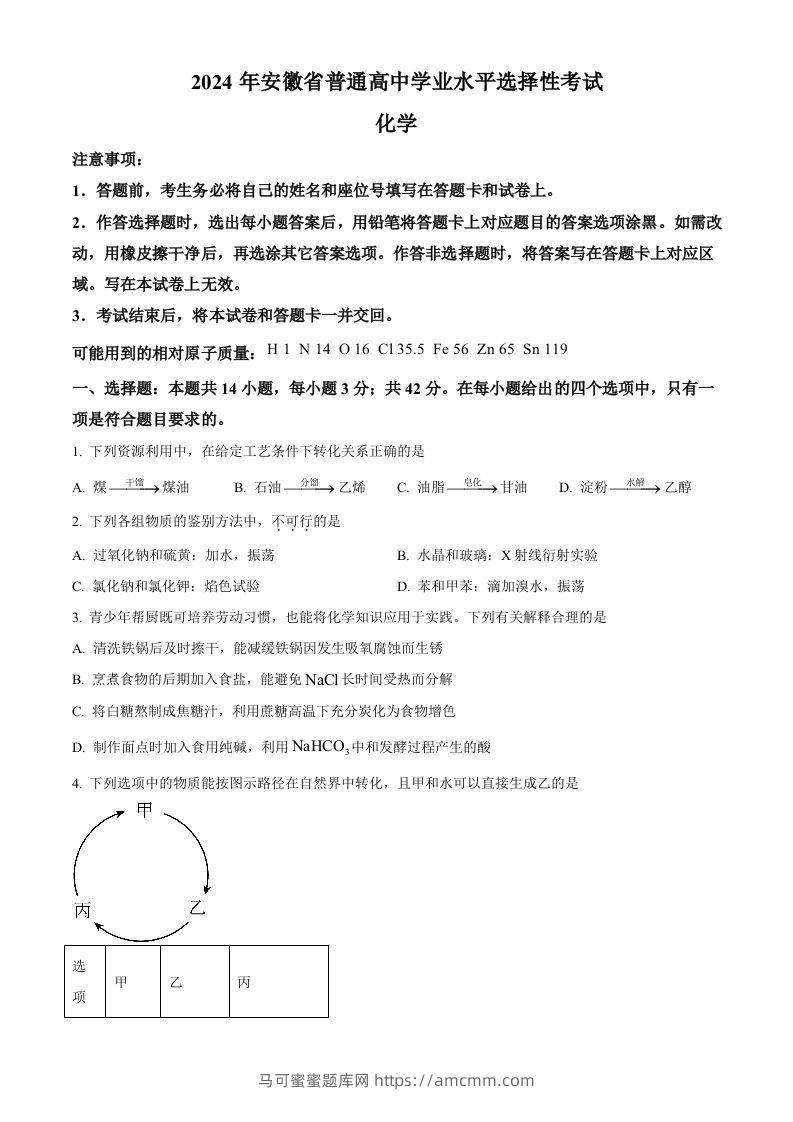 2024年高考化学试卷（安徽）（空白卷）-马可蜜蜜题库网