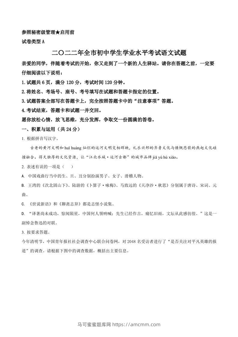 2022年山东省聊城市中考语文真题（空白卷）-马可蜜蜜题库网