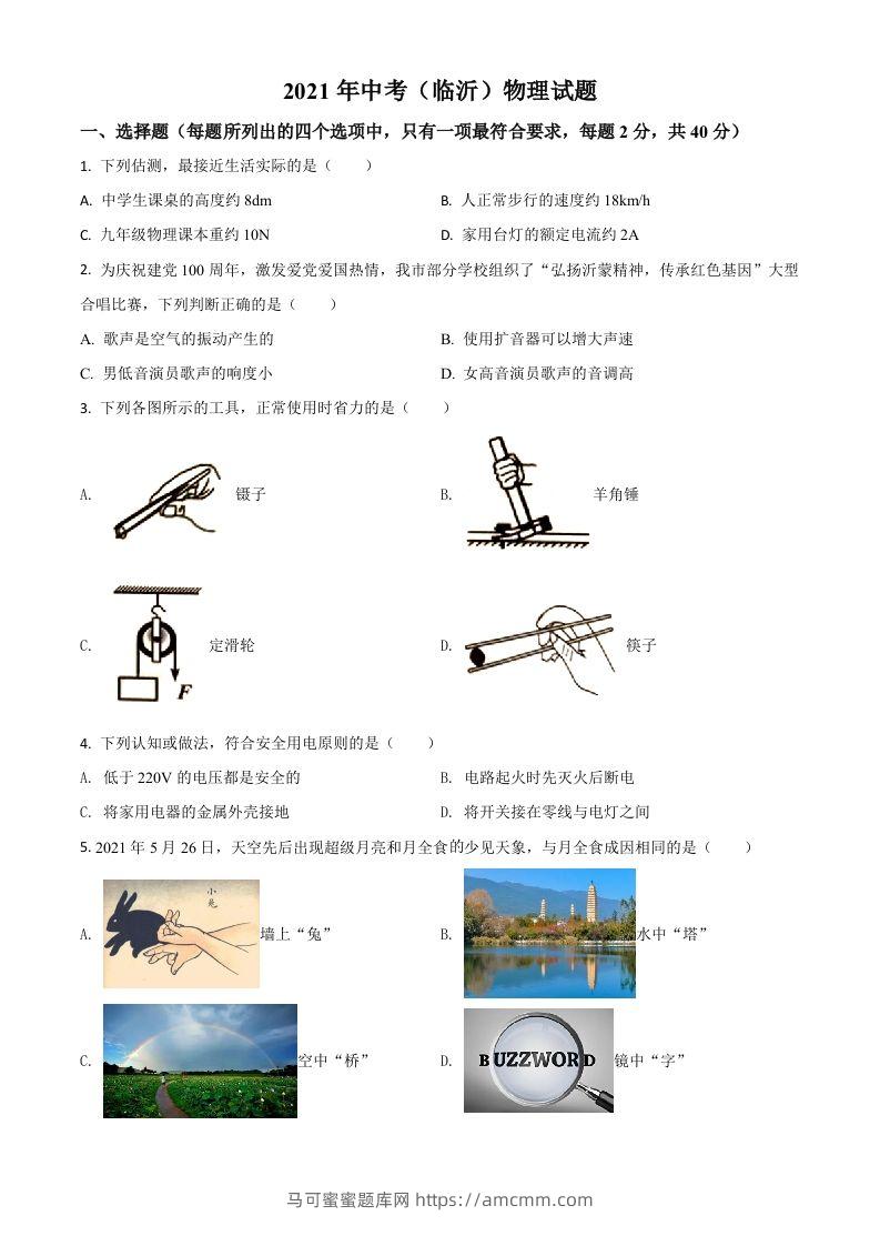 山东省临沂市2021年中考物理真题（空白卷）-马可蜜蜜题库网