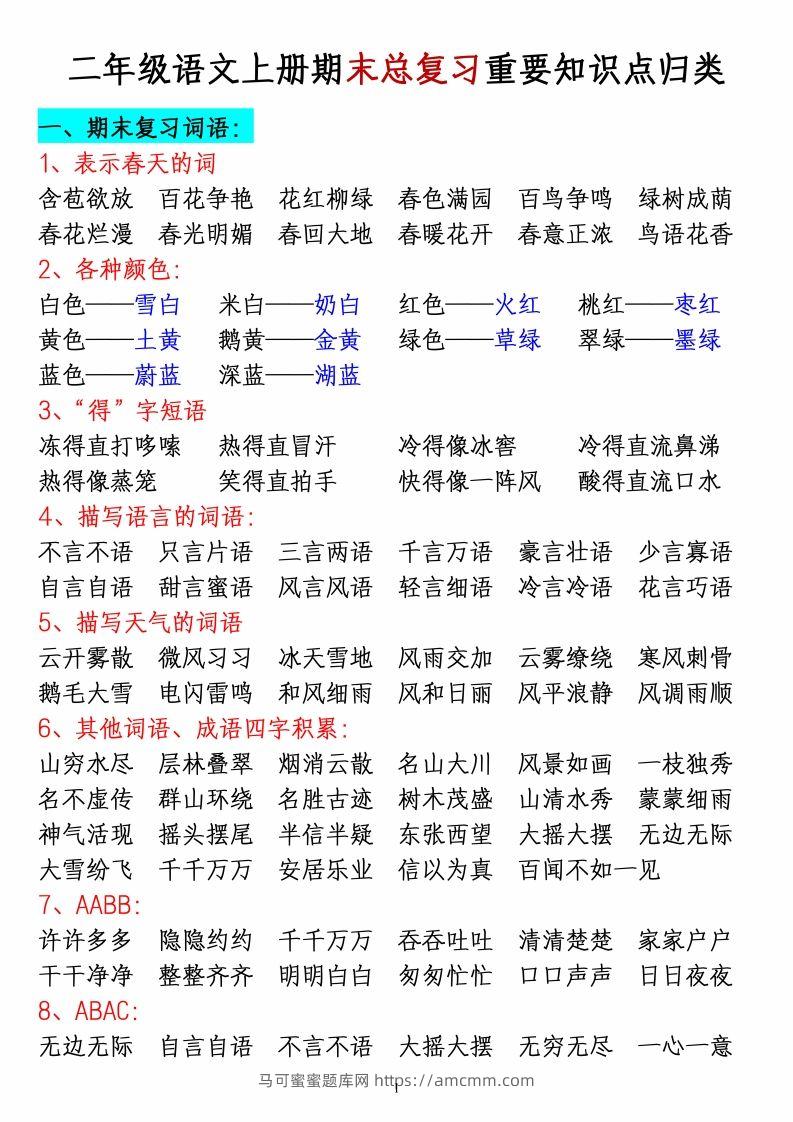 二上语文全册重要知识点归类梳理_-马可蜜蜜题库网