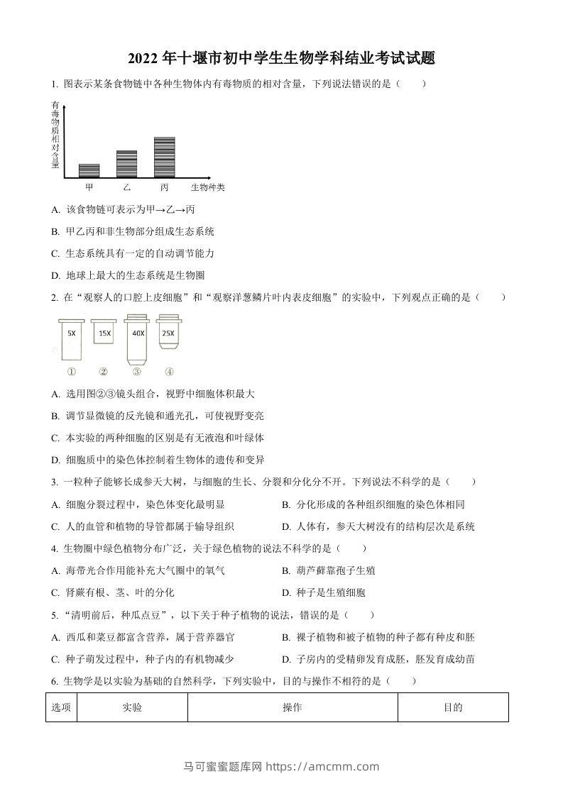 2022年湖北省十堰市结业考试生物试题（空白卷）-马可蜜蜜题库网