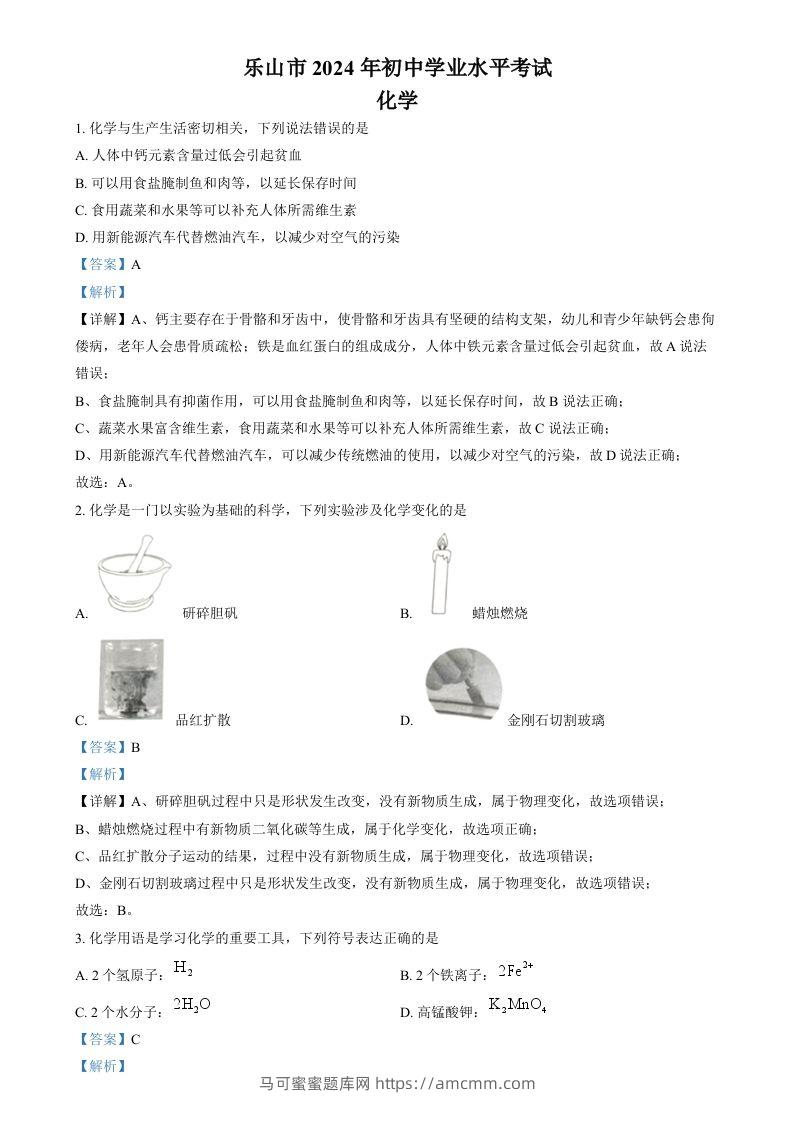 2024年四川省乐山市中考化学真题（含答案）-马可蜜蜜题库网