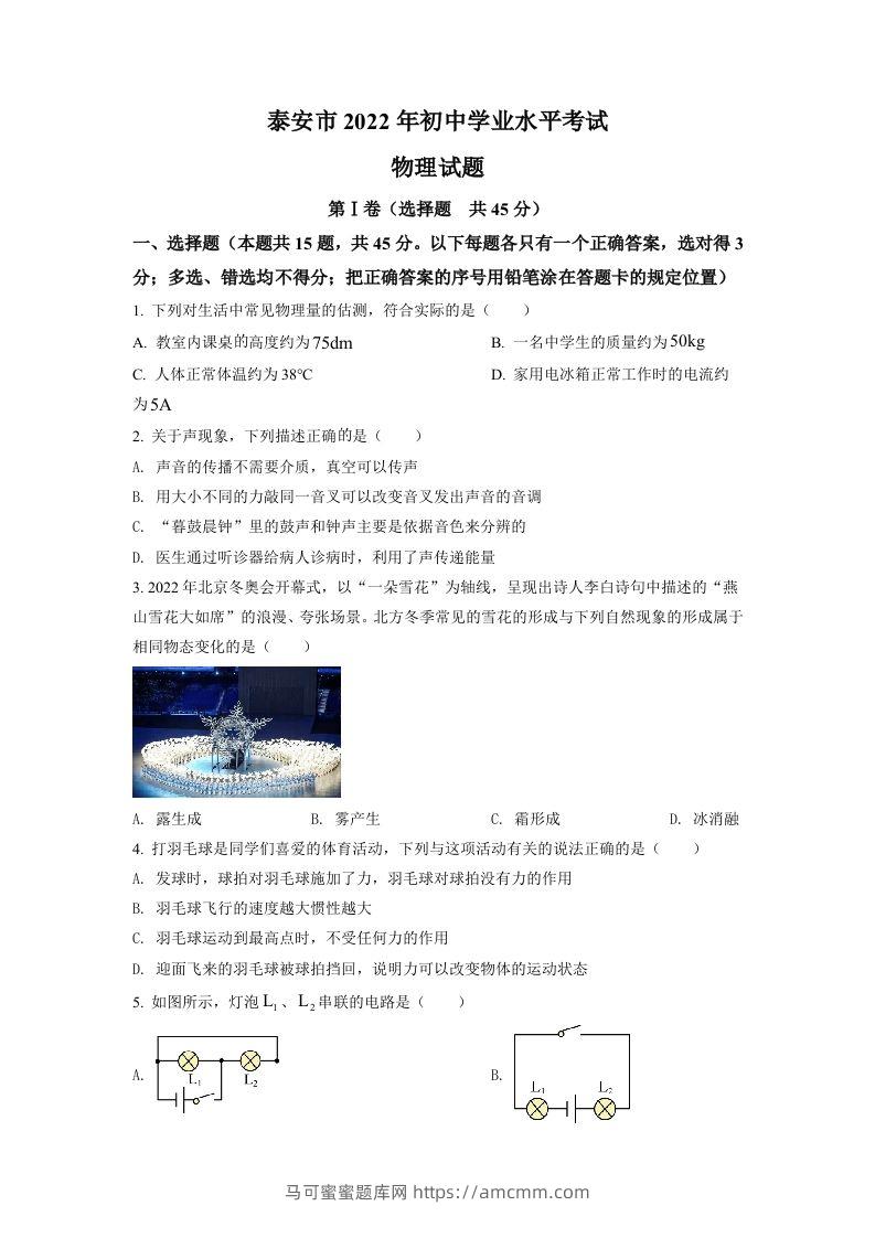 2022年山东省泰安市中考物理真题（空白卷）-马可蜜蜜题库网