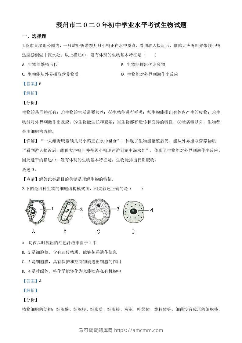 山东省滨州市2020年中考生物试题（含答案）-马可蜜蜜题库网