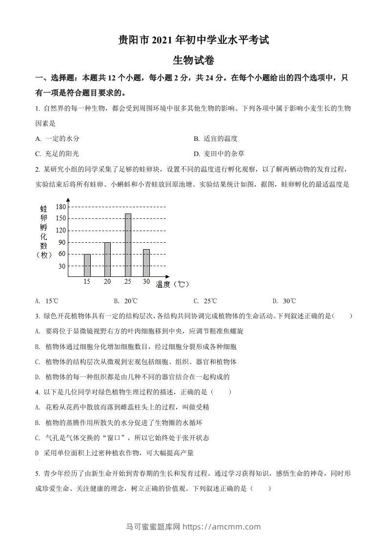 贵州省贵阳市2021年中考生物试题（空白卷）-马可蜜蜜题库网