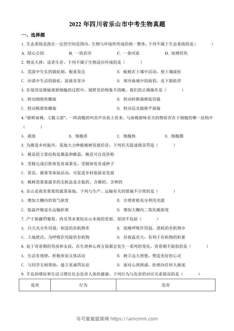 2022年四川省乐山市中考生物真题（空白卷）-马可蜜蜜题库网